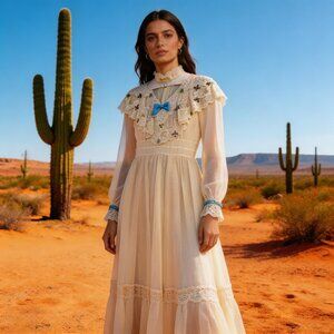 Victorian-Inspired Cream Lace Maxi Dress with Blue Accents